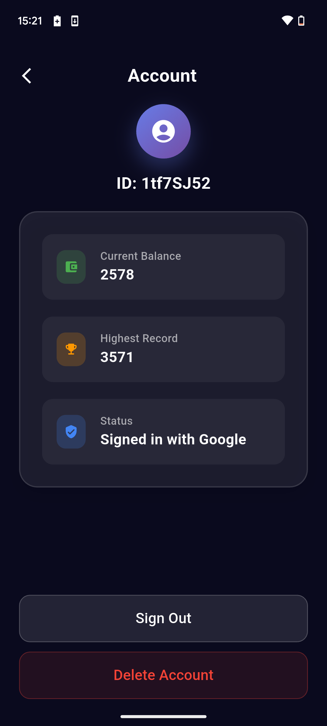 Account page showing Delete Account button
