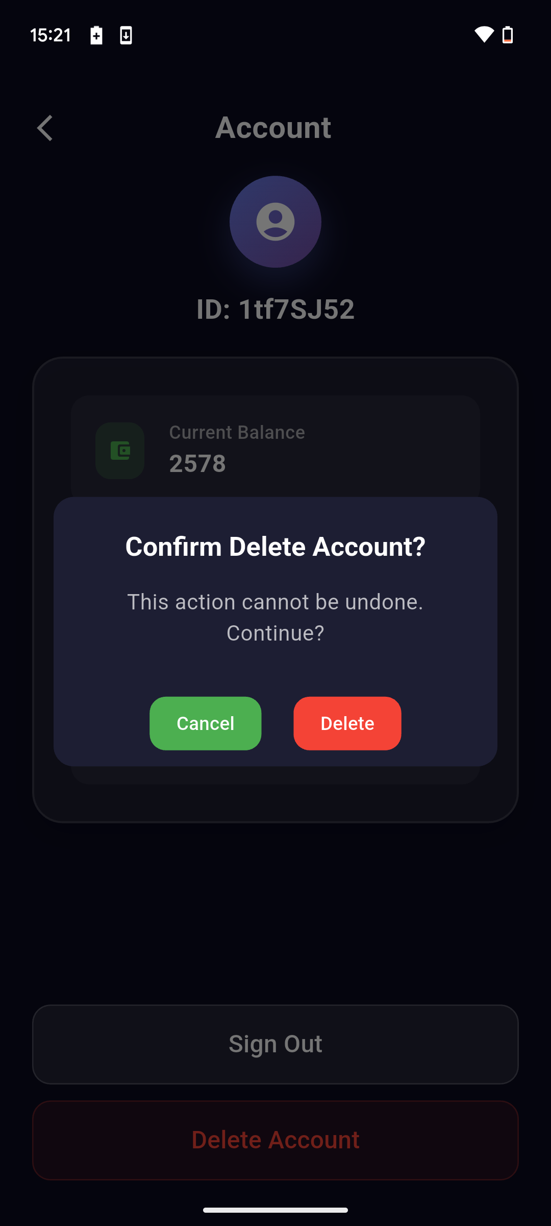 Confirmation dialog for account deletion